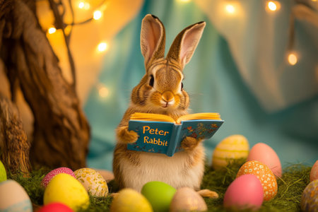Adorable rabbit holding a book, sitting on grass, surrounded by decorated Easter eggs. Warm glowing lights and soft blue background. Easter Hosting a Storytelling Corner. Reading Peter Rabbitの素材