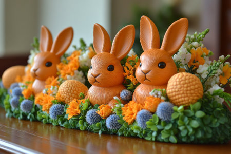 Easter DIY Bunny Placeholders. Three orange bunny figurines nestled in a colorful floral arrangement of yellow, orange, and green on a wooden surface. Concept of decorの素材