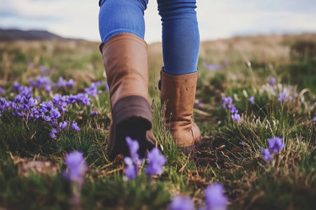 Close-up of boots stepping on a grassy path among blooming purple flowers, with a scenic outdoor natural landscape in the backgroundの素材