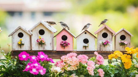Wooden birdhouses decorated with flowers, birds perched on top, vibrant blooms in foreground, sunny garden sceneの素材