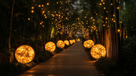 Magical garden pathway with glowing spherical lights and twinkling overhead lights, surrounded by lush greenery, creating a dreamy and serene ambianceの素材