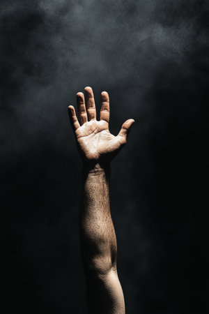 Hand raised upward, realistic style, dark smoky background, concept of freedomの素材