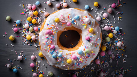 Easter cake with chocolate, colorful eggs, sprinkles, on wooden background, concept of celebration.の素材