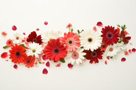 Colorful gerbera flowers with petals on white background, flat lay style, concept of beautyの素材
