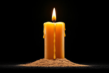 Lit yellow candle with wax drips on sand mound on black background. Concept of peaceの素材