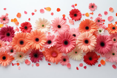 Falling flower petals replaced by newly blooming flowers. Colorful flowers and petals in a flat lay style on white background. Concept of beauty and natureの素材