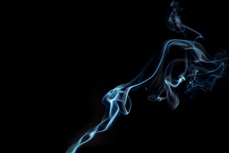 Blue smoke swirls in abstract form, photography style on black background. Concept of mystery and creativity. Swirling, writhing smoke to overlay on your photos.の写真素材