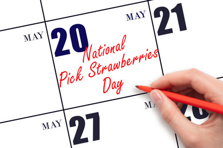 May 20. Hand writing text Pick Strawberries Day on calendar date. Save the date. Holiday. Planning or scheduling concept.の写真素材