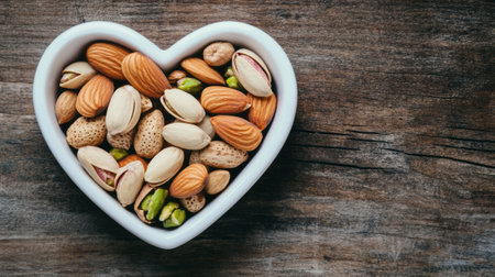 Assorted nuts arranged in a heart-shaped bowl on rustic wood, highlighting nutritious snacking choices and promoting health-conscious eating habitsの素材