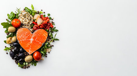 Fresh salmon shaped like a heart surrounded by an array of healthy ingredients highlights a colorful and nutritious meal preparationの素材