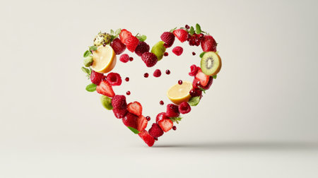 Fresh fruits forming the shape of a heart. heart-healthy foods to eat daily. Heart shape formed by floating berries, citrus, kiwi, and mint leaves on a light background, symbolizing health and loveの素材