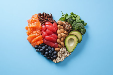 Heart-healthy foods to lower cholesterol. Assortment of fruits, vegetables, nuts, and seeds arranged in a heart shape, realistic style, on blue background. Concept of healthy eating.の素材