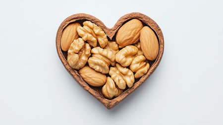 nuts improve heart health. Assorted nuts arranged in a heart-shaped wooden bowl display various textures and colors, ideal for nutritious snacking and healthy eatingの素材