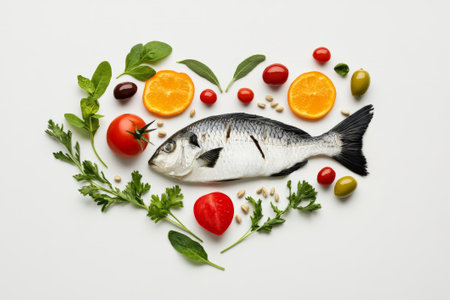 Whole raw fish with fresh vegetables, greens, and citrus slices arranged in heart shape on white background, concept of healthy Mediterranean diet. heart-healthy foods to eat daily.の素材