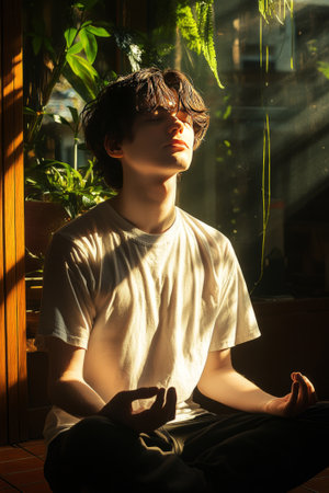 Young person meditating in sunlight within a peaceful indoor environment filled with plants, fostering relaxation and mindfulness while promoting healthy livingの素材