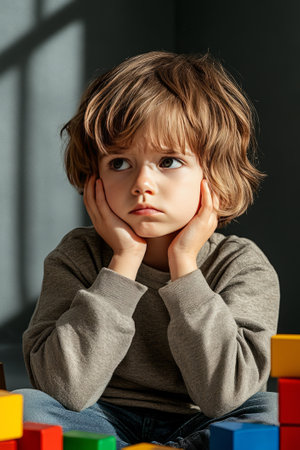 Young boy with sad expression resting face on hands, sitting near colorful toy blocks, natural lighting, dark wall background, childhood emotionの素材