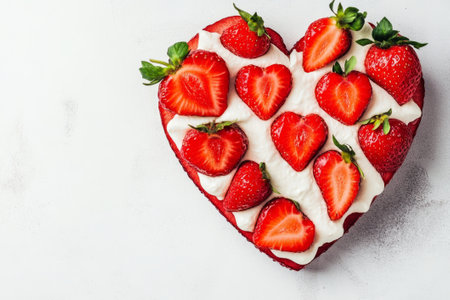 heart-healthy foods to eat daily. Heart-shaped cake topped with fresh strawberries and whipped cream, photographed from above on a white background, symbolizing loveの素材