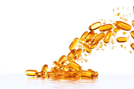 Golden softgel capsules spilling in motion. Pile of Golden omega-3 fish oil capsules captured in motion, realistic style, isolated on white background with reflection, concept of supplementsの素材