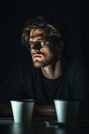 Young man with glasses in moody lighting, sitting at a table with takeaway cups, dark background, concept of contemplation and solitudeの素材
