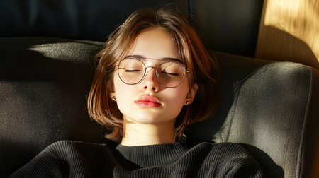 Calm young woman with glasses resting with eyes closed on a couch, natural sunlight casting shadows, concept of relaxation and tranquilityの素材