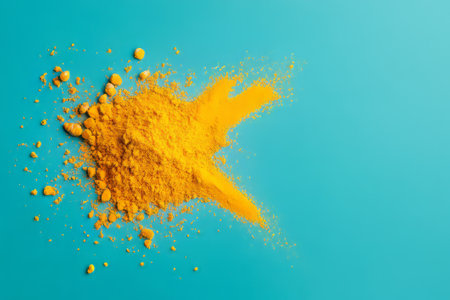 Bright yellow turmeric powder scattered on vibrant blue background surface. Pile of bright yellow turmeric powder with chunks and dust spread on smooth vibrant blue background, culinary and wellnessの素材