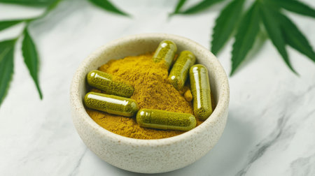 Turmeric and curcumin for joint pain relief. Herbal supplement capsules placed on turmeric powder in a ceramic bowl, natural style, on marble background. Concept of organic medicineの素材