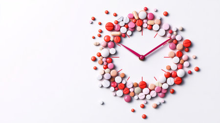 Creative design of a clock made from colorful pills and tablets on a white background, symbolizing medicine timing and pharmaceutical careの素材