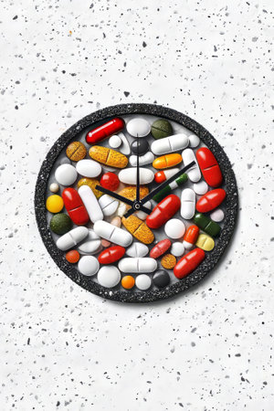 Round wall clock made of assorted colorful pills and capsules. Concept of medication schedule awareness, medicine or health supplement, healthcare timing, pharmaceutical care, dosage timingの素材