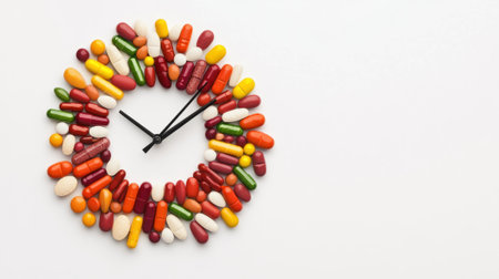 Round wall clock made of assorted colorful pills and capsules, copy space. Concept of medication schedule awareness, futuristic medicine or health supplement, healthcare timingの素材