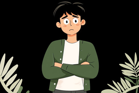 Cartoon illustration of a worried young man with crossed arms, flat graphic style on black background with plants, symbolizing anxiety or doubtの素材