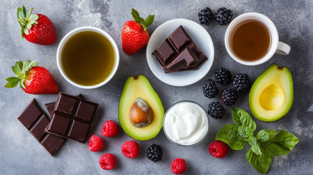 Assortment of healthy superfoods including avocado, dark chocolate, berries, and tea on a gray stone background, promoting clean eatingの素材