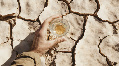 A hand holds a glass of water above parched, cracked soil in sunlight, symbolizing drought, climate change, and water scarcity crisisの素材