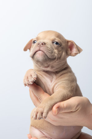 Cute light brown puppy being held gently in hands against plain background. Light brown puppy held in human hands, concept of pet care and affectionの写真素材