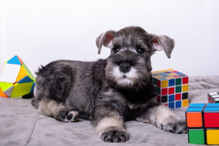 A miniature schnauzer of white and gray color lies on a light background among multi-colored toys, copy space. Little puppy training. Dog training. Bearded miniature schnauzer puppy.の写真素材