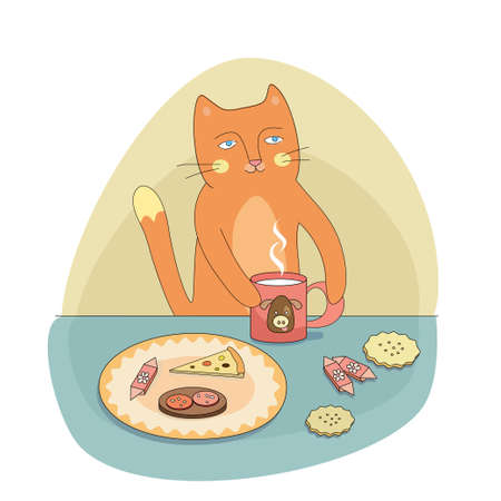 the cat has breakfast のイラスト素材