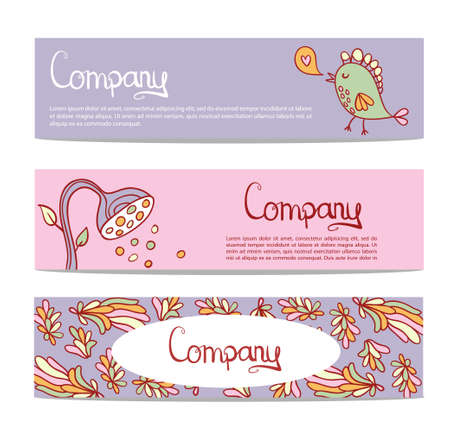 Vector stylish floral banners with bird. Bright doodle cartoon cards in vector. Abstract header vector background.のイラスト素材
