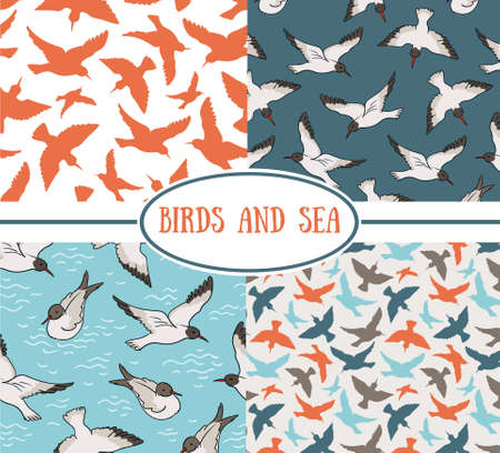Set of seamless patterns. Sea and birds.のイラスト素材