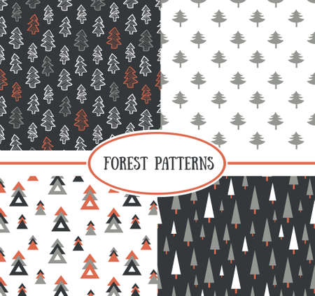 Set of seamless pattern with stylish Christmas trees