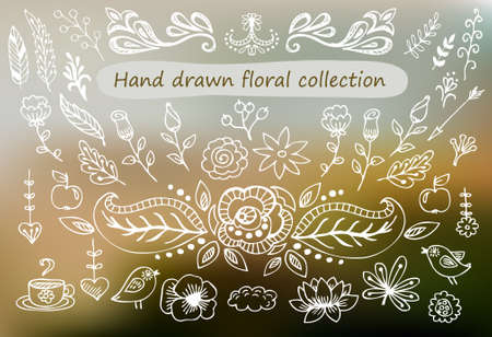 Hand Drawn vintage floral elements. Set of flowers, arrows, icons and decorative elements.のイラスト素材