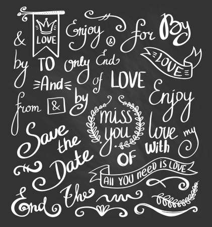 Vector hand drawn ampersands and catchwords. Hand lettering with decorative design elements isolated on the chalkboard.のイラスト素材