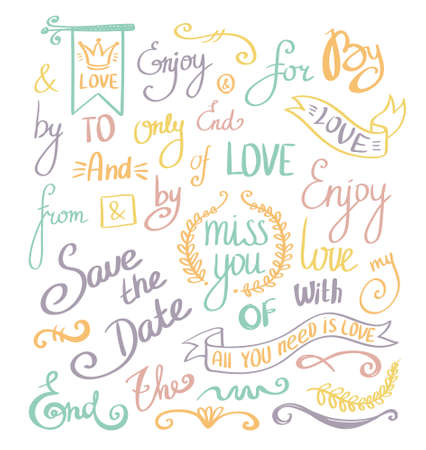 Vector hand drawn ampersands and catchwords. Hand lettering with decorative design elements isolated.のイラスト素材