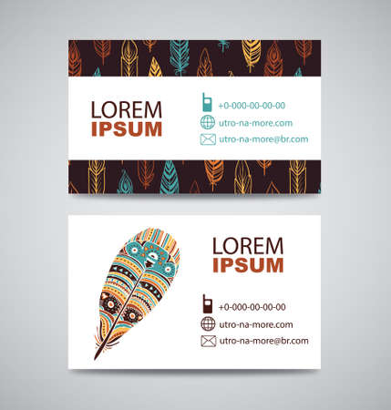 Hand drawn aztec style feathers. Tribal design invitation and business cards template. Vector illustration.のイラスト素材