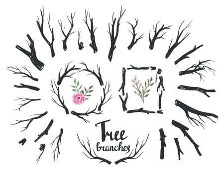 Rustic decorative vector design. Hand drawn vintage wood tree branches and wreaths.のイラスト素材