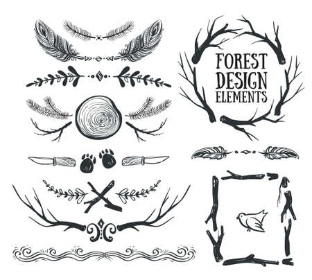 Set of hand drawn tribal frames and dividers. Forest design.のイラスト素材