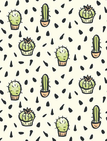 Cactus hand-drawn  seamless pattern. Vector illustration.