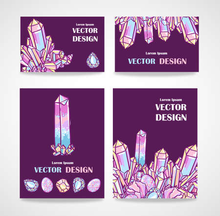 Set of banners and business cards with crystals. Vector poster with magical crystals.のイラスト素材