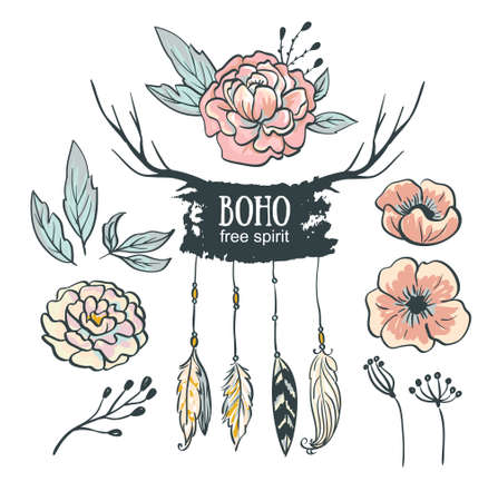 Boho style wedding invitation elements set. Vector illustration.Flowers, feathers, horns and leaves.のイラスト素材
