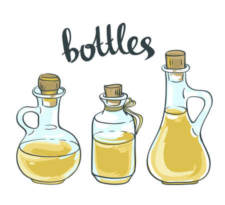 Vector Set of Olive or Sunflower Oil Glass Bottles Isolated on White Backgroundのイラスト素材