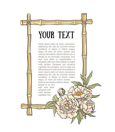Yellow bamboo frame with peonies. illustration.のイラスト素材