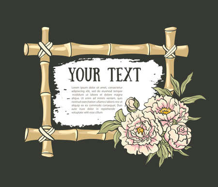 Yellow bamboo frame with peonies. illustration.のイラスト素材